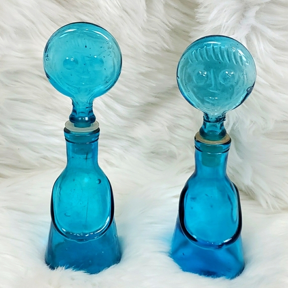 Vintage Erik Hoglund Bundle 2 blue glass bottles Mid Century Face Stopper Decant